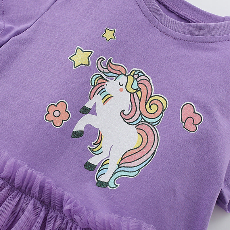 Summer Arrival Horse Cartoon Pattern Short Sleeves Tulle Design Cute Dress for Stylish Girls