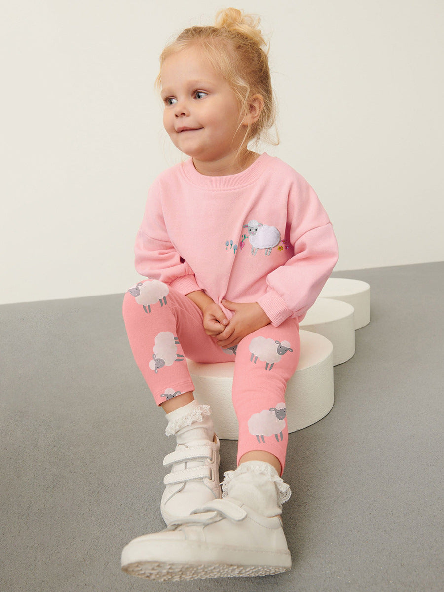 Spring And Autumn Girls Cute Sheep Cartoon Pattern Long Sleeves Top Sweatshirt And Pants Clothing Set