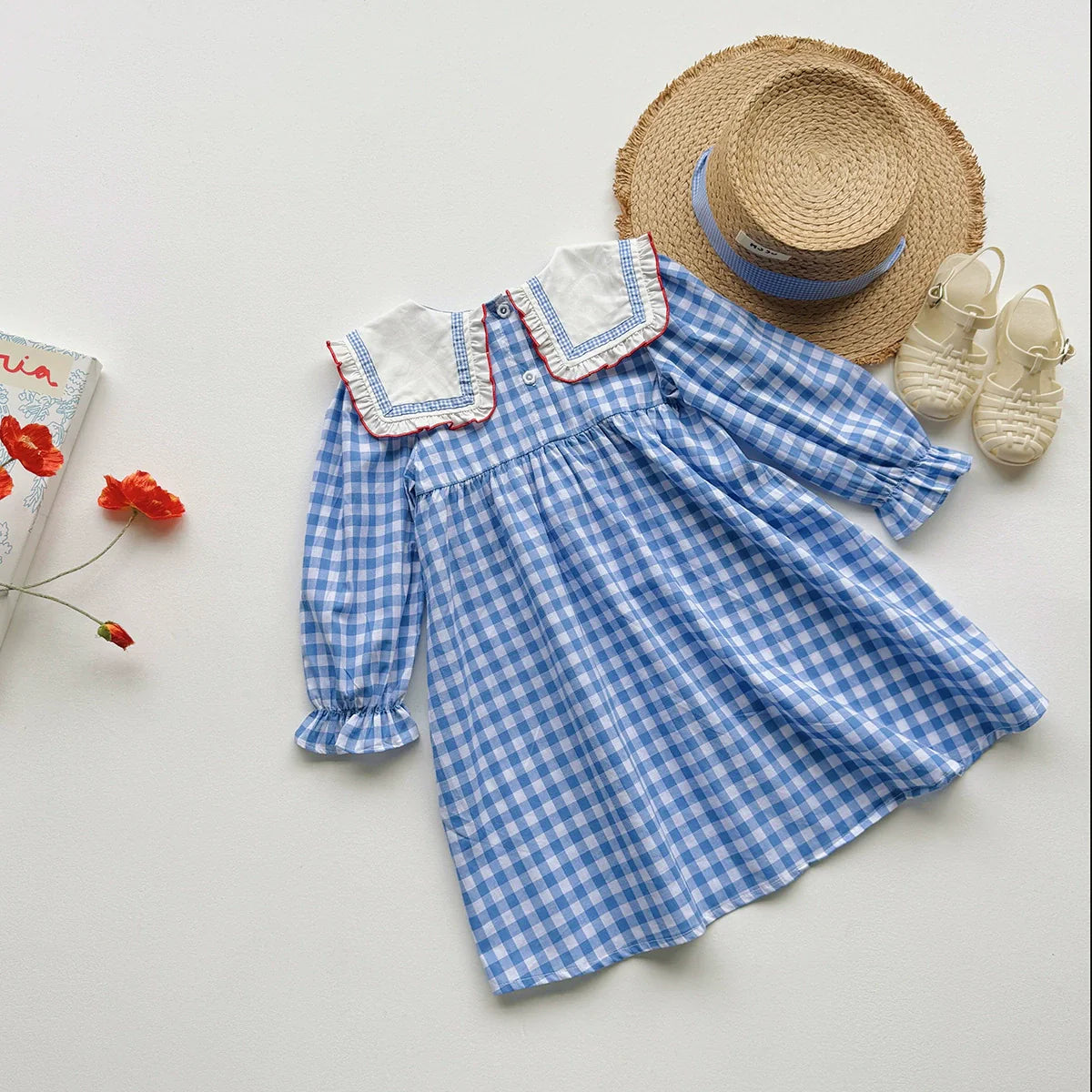 Arrival Autumn Girls Plaid and Cherry Pattern Long Sleeves Dress