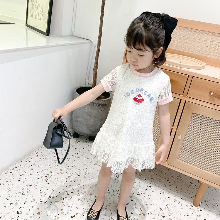 Summer Baby Girls Hot Selling Fashion Short Sleeves Lace Design Ice-Cream Pattern Dress