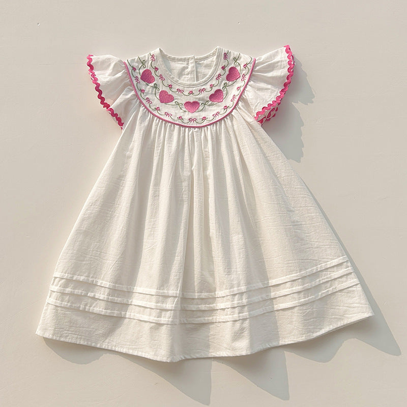 Summer Baby Kids Girls Fly Sleeves Heart Pattern Embroidered Dress