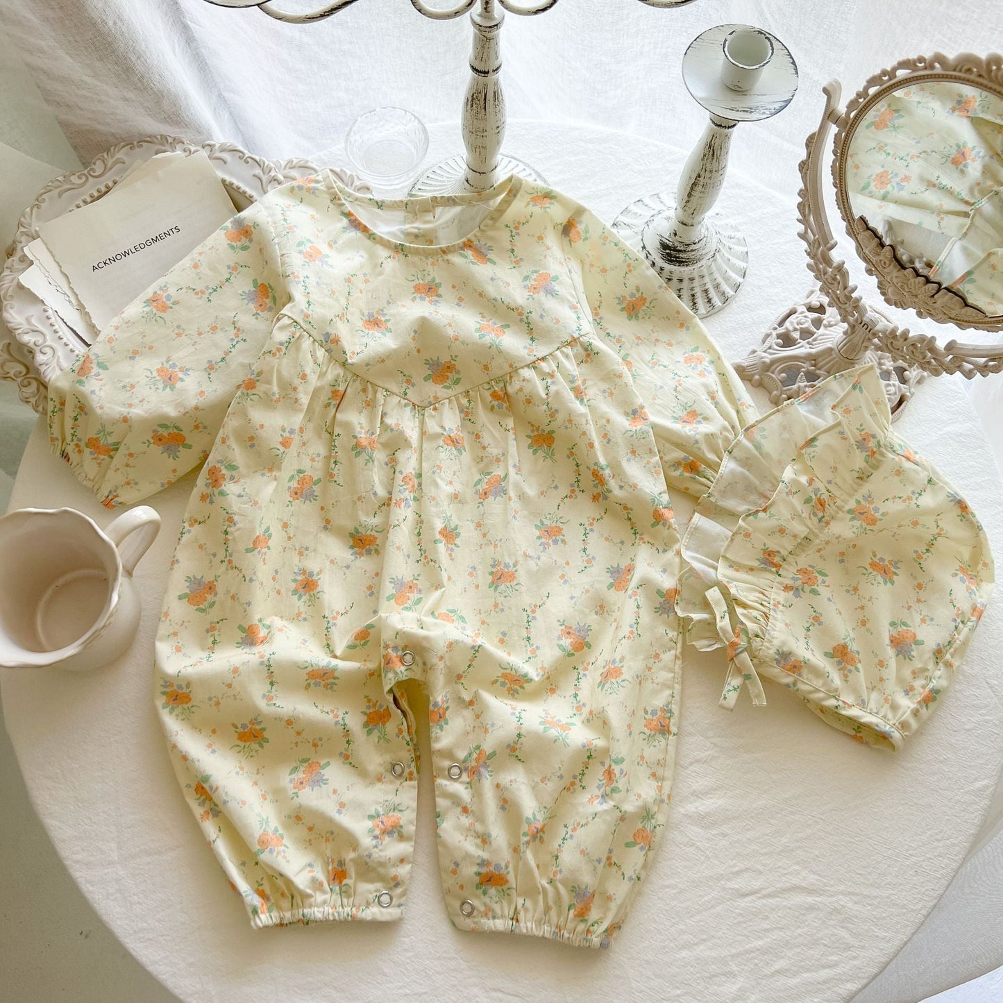 Baby Girl Floral Pattern Or Solid Color Long Sleeve Jumpsuit