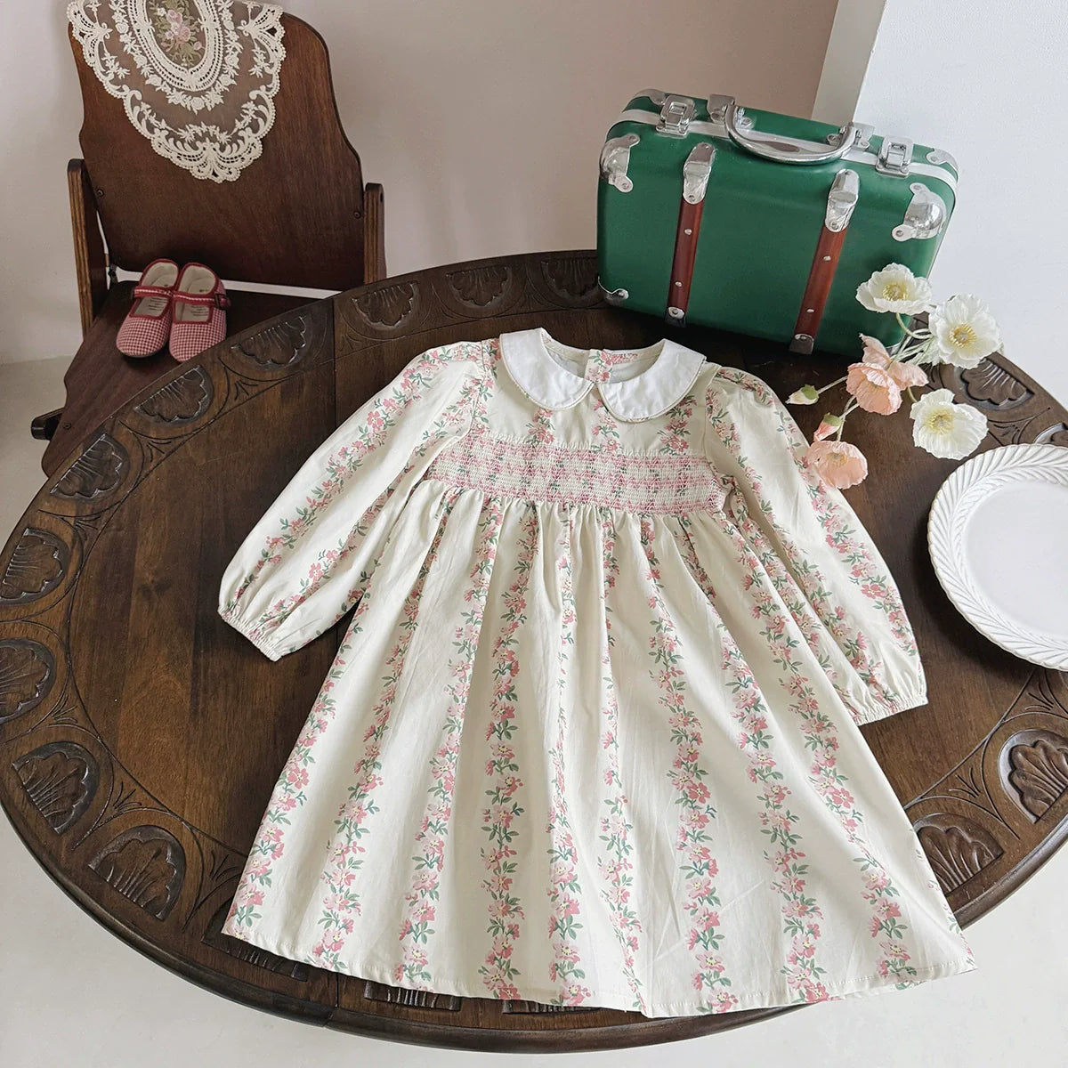Arrival Autumn Girls Floral and Striped Pattern Long Sleeves Dress