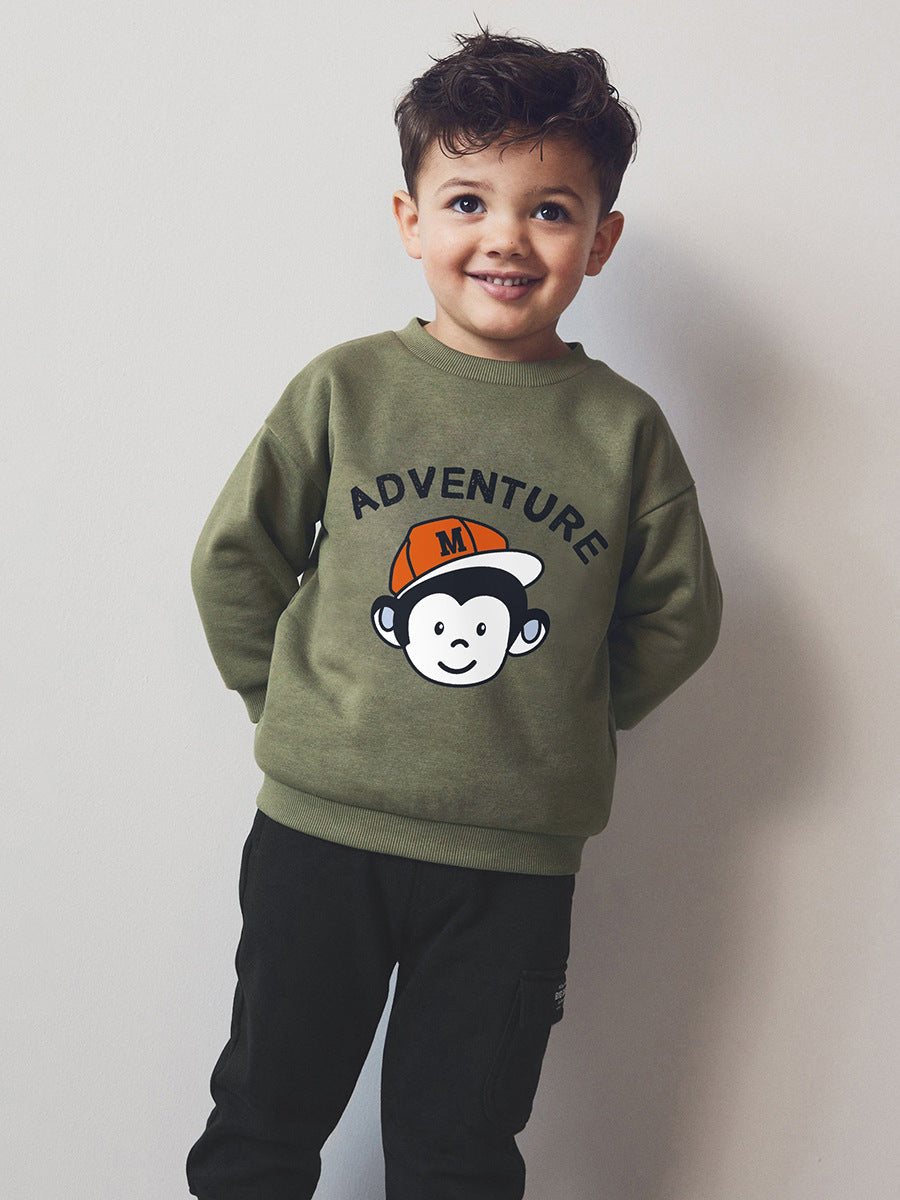 Spring And Autumn Boys Cartoon Monkey Pattern Long Sleeves Top Sweatshirt And Pocketed Pants Clothing Set