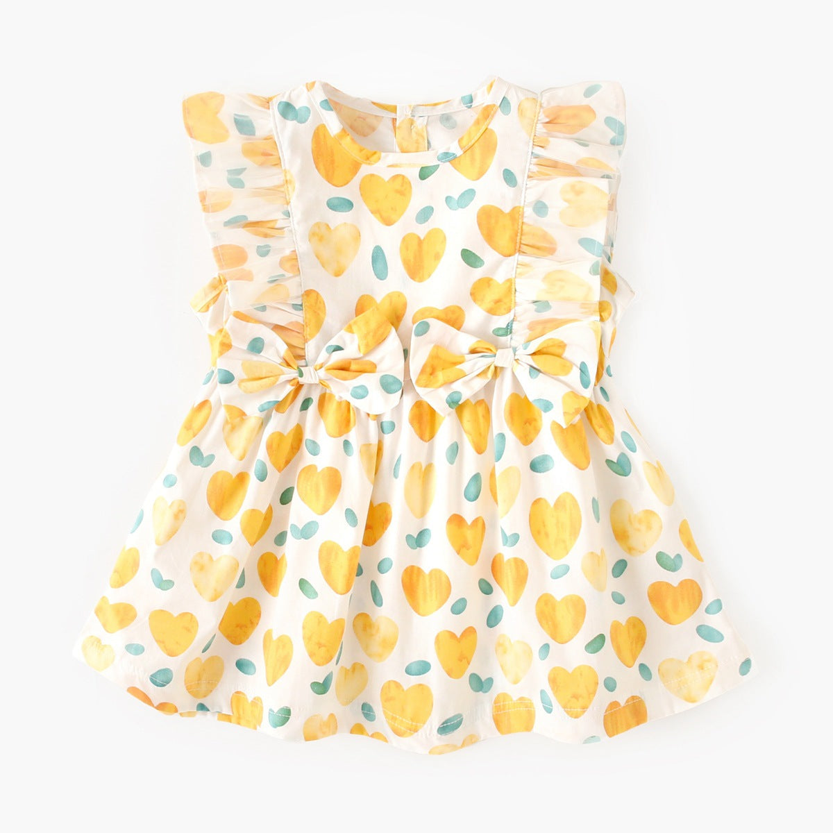 Summer Baby Girls Arrival Heart Pattern Double Bows Sleeveless Crew Neck Dress