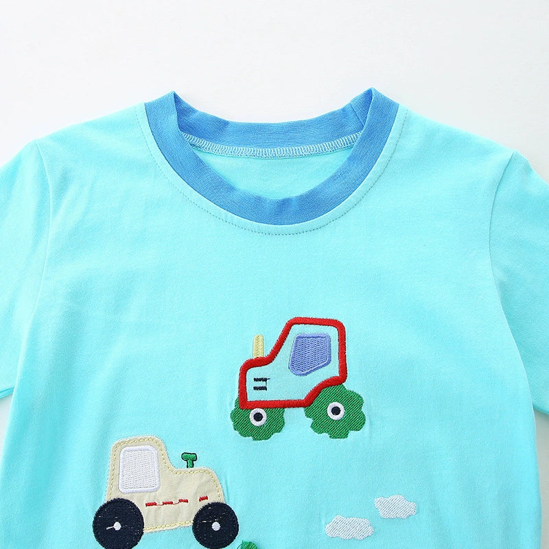 Summer Baby Kids Cartoon Tractor Pattern T-shirt and Plain Shorts Casual Clothing Set for Boys