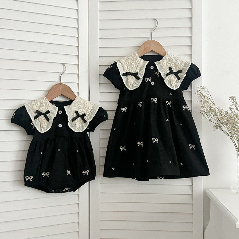Design Summer Baby Kids Girls Floral Pattern Collar Short Sleeves Bows Embroidery Onesies And Girls’ Dress – Princess Sister Matching Set