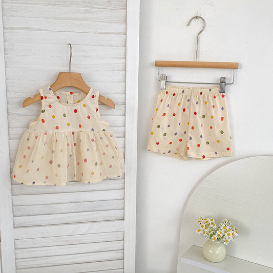 Summer Baby Kids Polka Dots Pattern Sleeveless Top and Shorts Clothing Set or Onesies for Girls