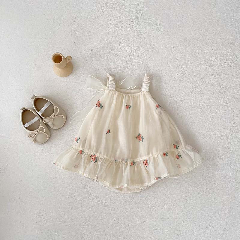 Summer Arrival Baby Girls Sleeveless Flowers Pattern Tulle Strap Onesies Dress