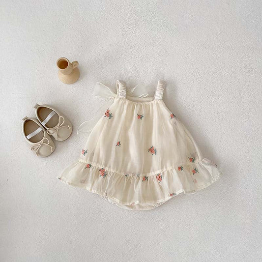 Summer Arrival Baby Girls Sleeveless Flowers Pattern Tulle Strap Onesies Dress