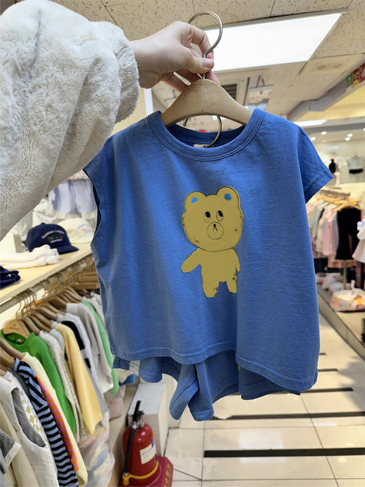 Summer Hot Selling Baby Kids Unisex Sleeveless Teddy Bear Printed T-shirt and Shorts Casual Clothing Set