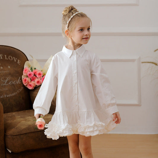 Spring and Autumn Solid Color Single Breasted Long-sleeved Dress for Stylish Girls