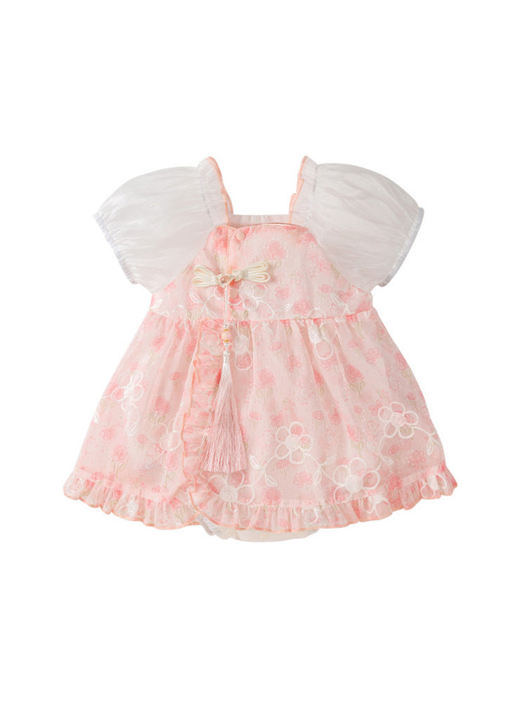 Summer Dress Design Baby Girls Pink Flowers Pattern And Embroidery Short Sleeves Square Neck Sweet Cute Onesies