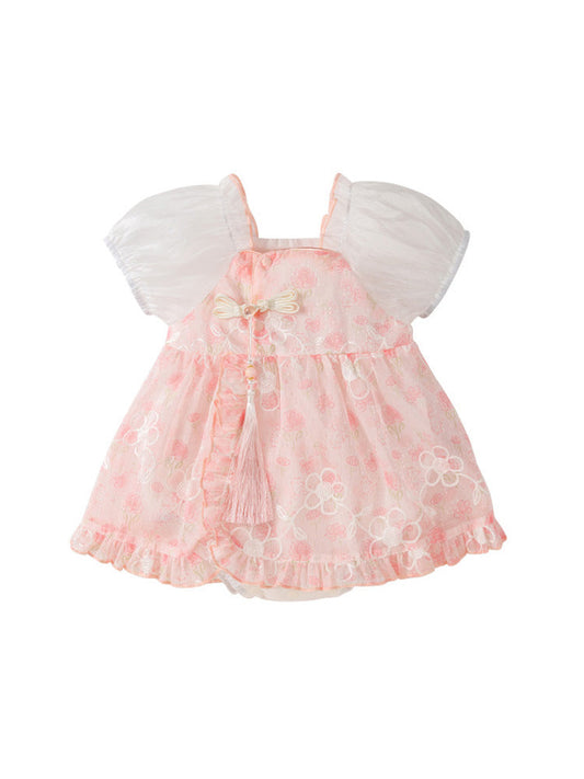 Summer Dress Design Baby Girls Pink Flowers Pattern And Embroidery Short Sleeves Square Neck Sweet Cute Onesies