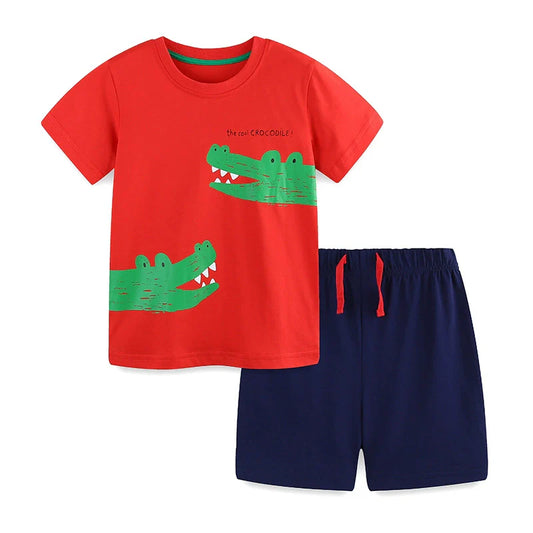 Summer Baby Kids Cartoon Animals Pattern T-shirt and Shorts Color Patchwork Clothing Set for Boys