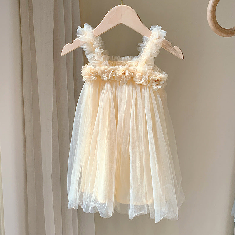 Summer Baby Kids Girls Sleeveless 3D Flowers Mesh Strap Dress