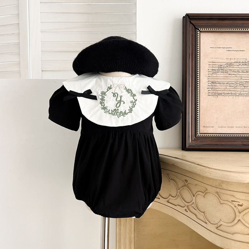 Summer Baby Girls French-style Wreath Embroidery Pattern Short-sleeved Onesies and Dress – Princess Sister Matching