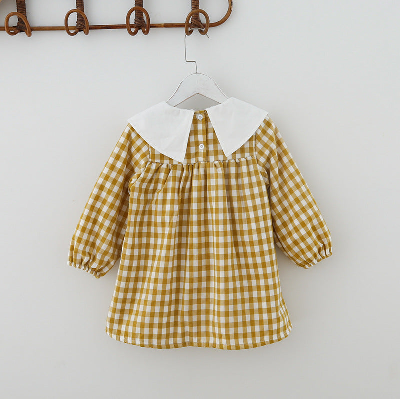 Check Plaid Doll Collar Design Bear Cartoon Embroidery Thick Preppy Dress