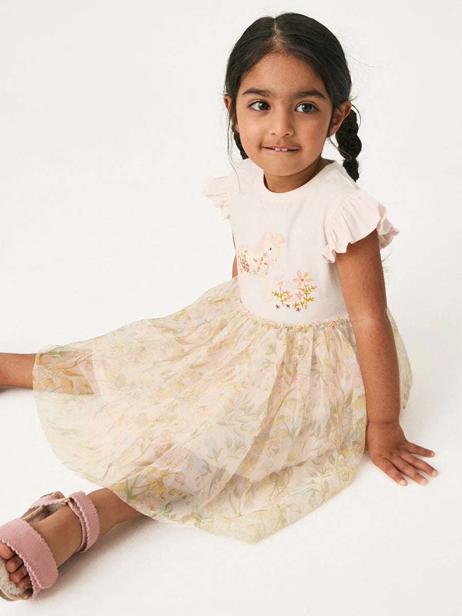 Spring And Summer Baby Girls Short Sleeves Unicorn Cartoon Floral Chiffon Dress