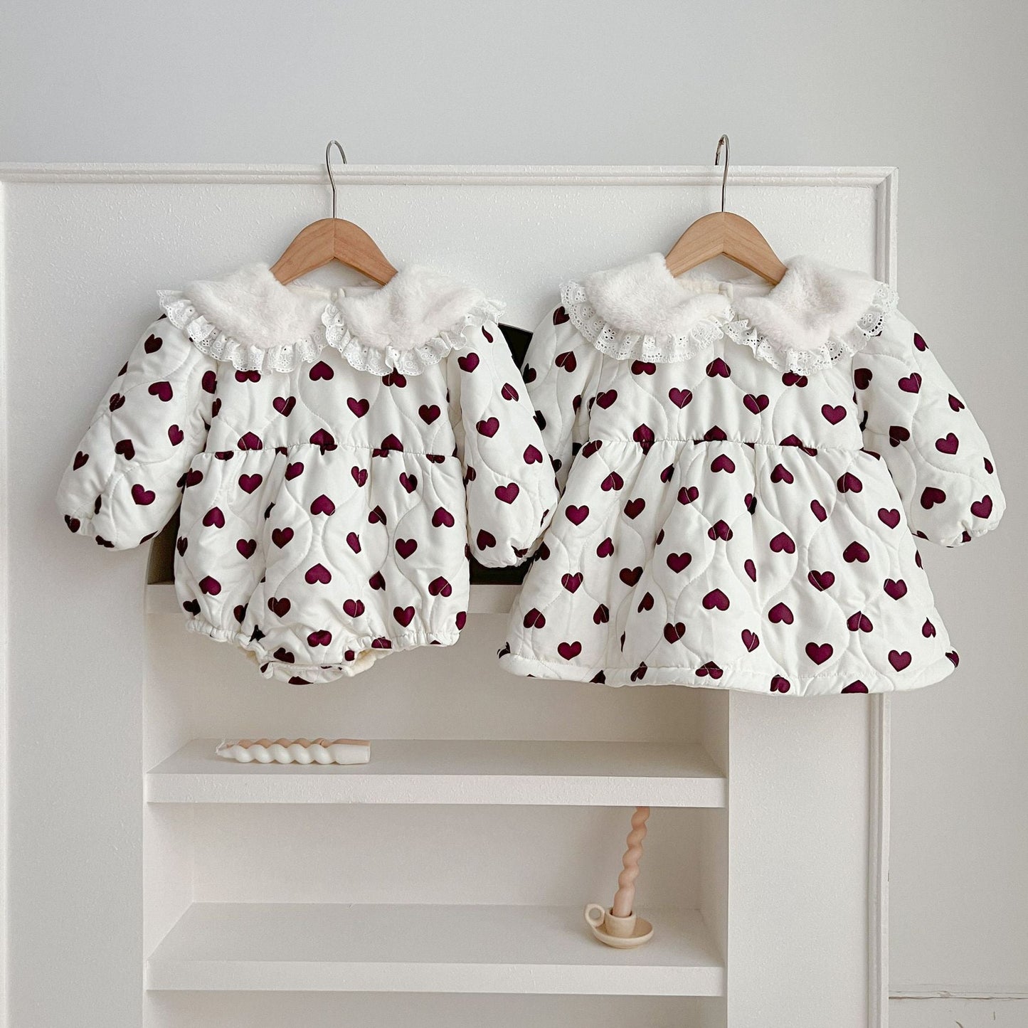 Red Heart Pattern Peter Pan Lace Collar Long Sleeve Fashion Princess Onesies&Dress