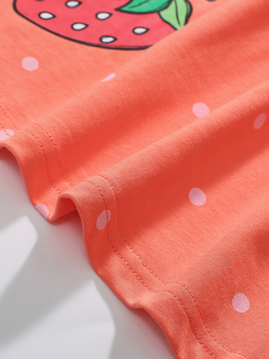 Autumn Arrival Girls’ Strawberry Pattern Dots Crew Neck Long Sleeves Dress