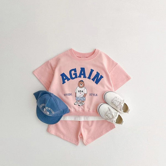 Summer Baby Kids Unisex Casual Letters and Teddy Bear Pattern Short Sleeves Top T-shirt and Shorts Clothing Set