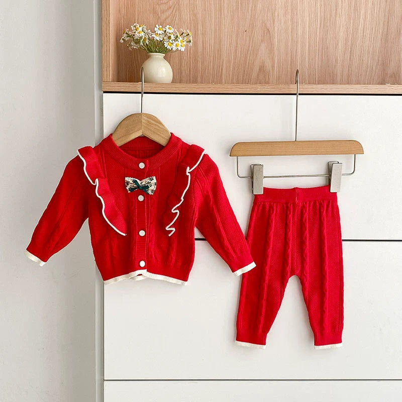 Arrival Autumn Baby Girls Long Sleeves Color Patchwork Jacquard Pattern Knitted Top Cardigan and Long Trousers Clothing Set
