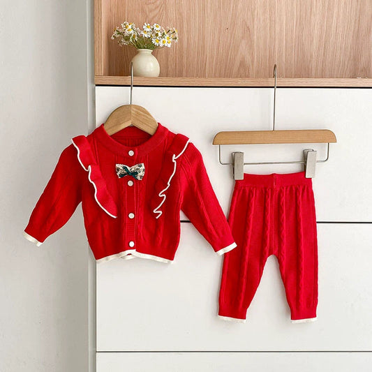 Arrival Autumn Baby Girls Long Sleeves Color Patchwork Jacquard Pattern Knitted Top Cardigan and Long Trousers Clothing Set