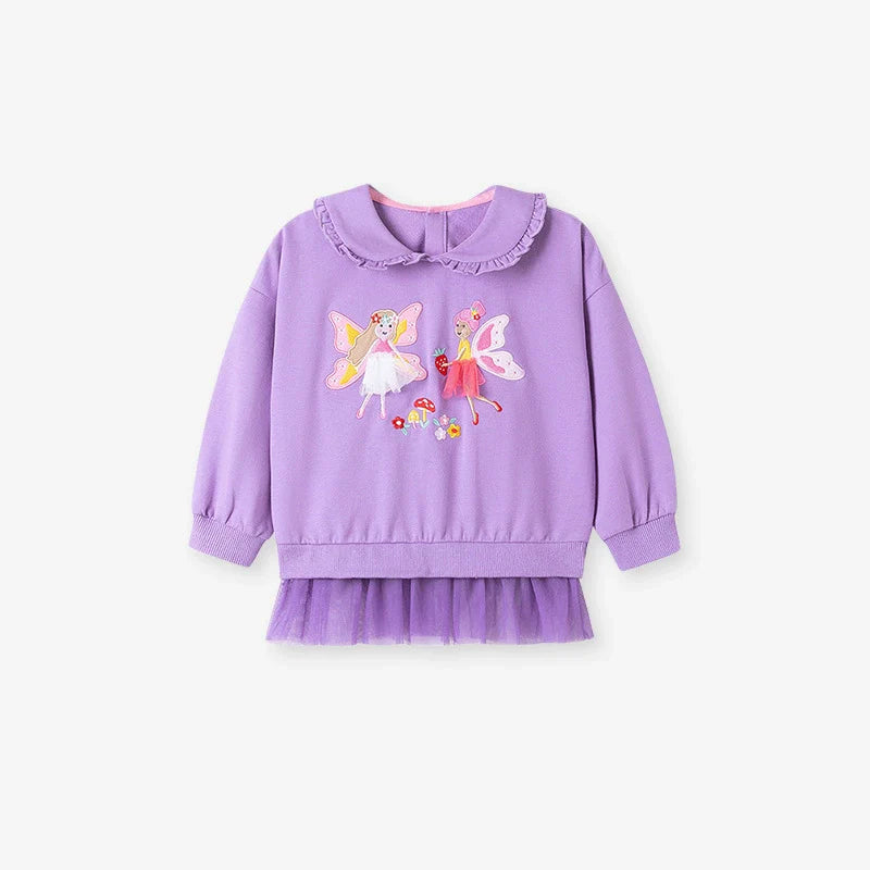 Spring and Autumn Girls Fairy Cartoon Pattern Long Sleeves Sweatshirt and Purple Pants Clothing Set