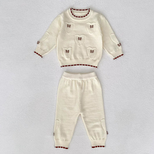 Arrival Autumn Baby Unisex Long Sleeves Heart Jacquard Pattern Knitted Top Sweater and Long Trousers Clothing Set