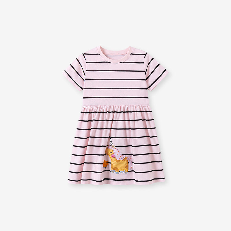 Summer Striped Dress for Girls, European and American Cute Animals Cartoon Pattern Dress
