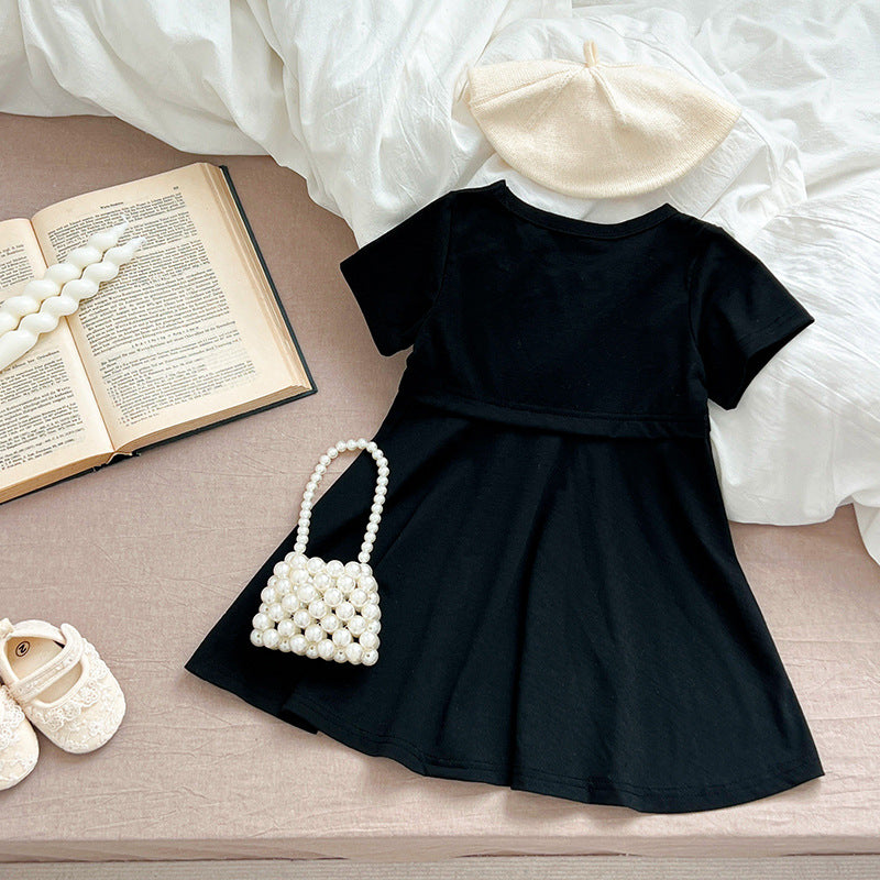 Summer Hot Selling Girls’ Solid Color Black Short Sleeves Slim Fit Dress
