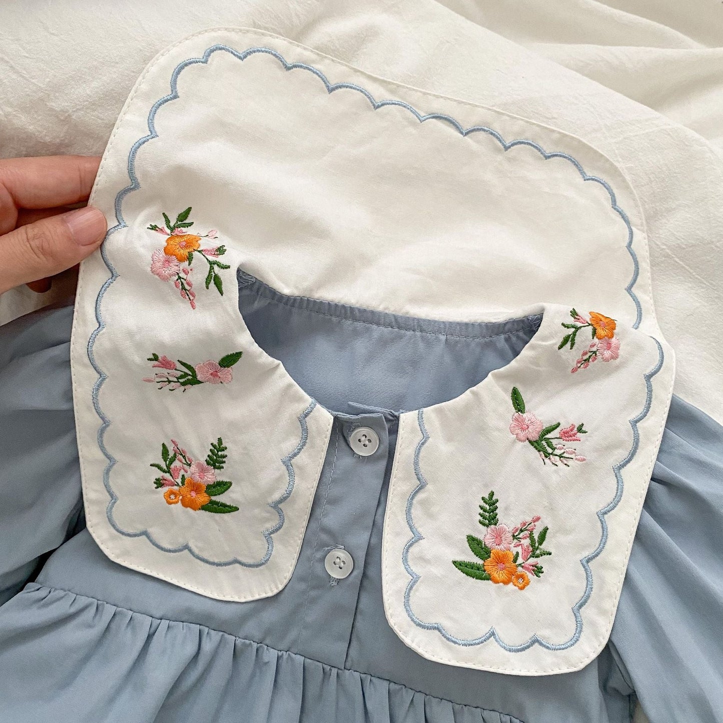 Baby Girl Solid Color Embroidered Doll Neck Beautiful Onesies Dress