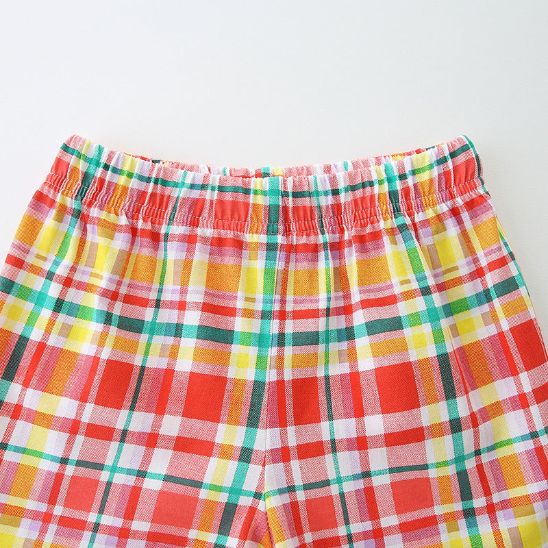 Summer Baby Kids Cartoon Sunshine Pattern Vest and Plaid Shorts Clothing Set for Girls