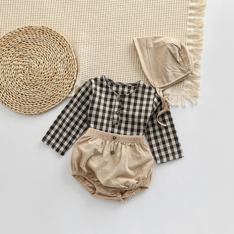 Baby Plaid Graphic Tops And Solid Shorts With Hat One Pieces Sets