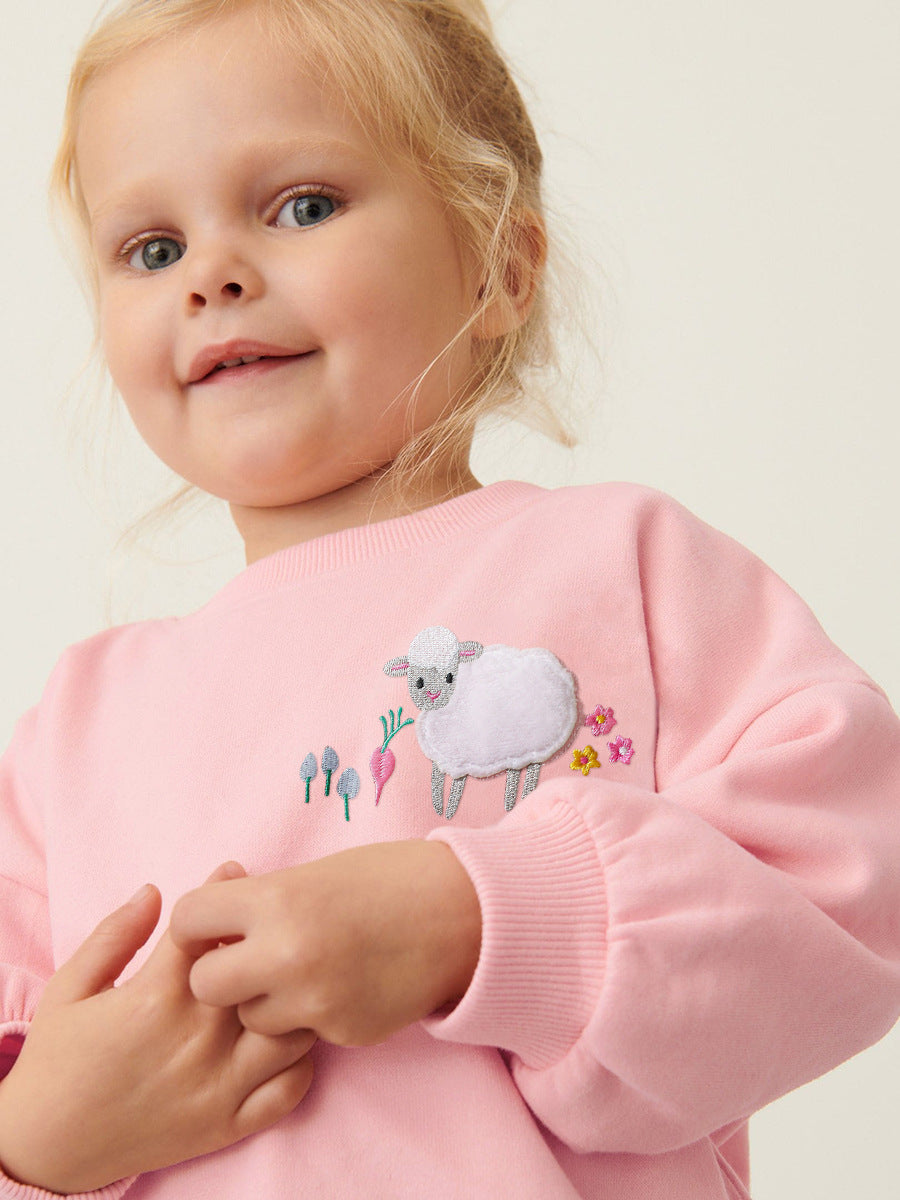 Spring And Autumn Girls Cute Sheep Cartoon Pattern Long Sleeves Top Sweatshirt And Pants Clothing Set