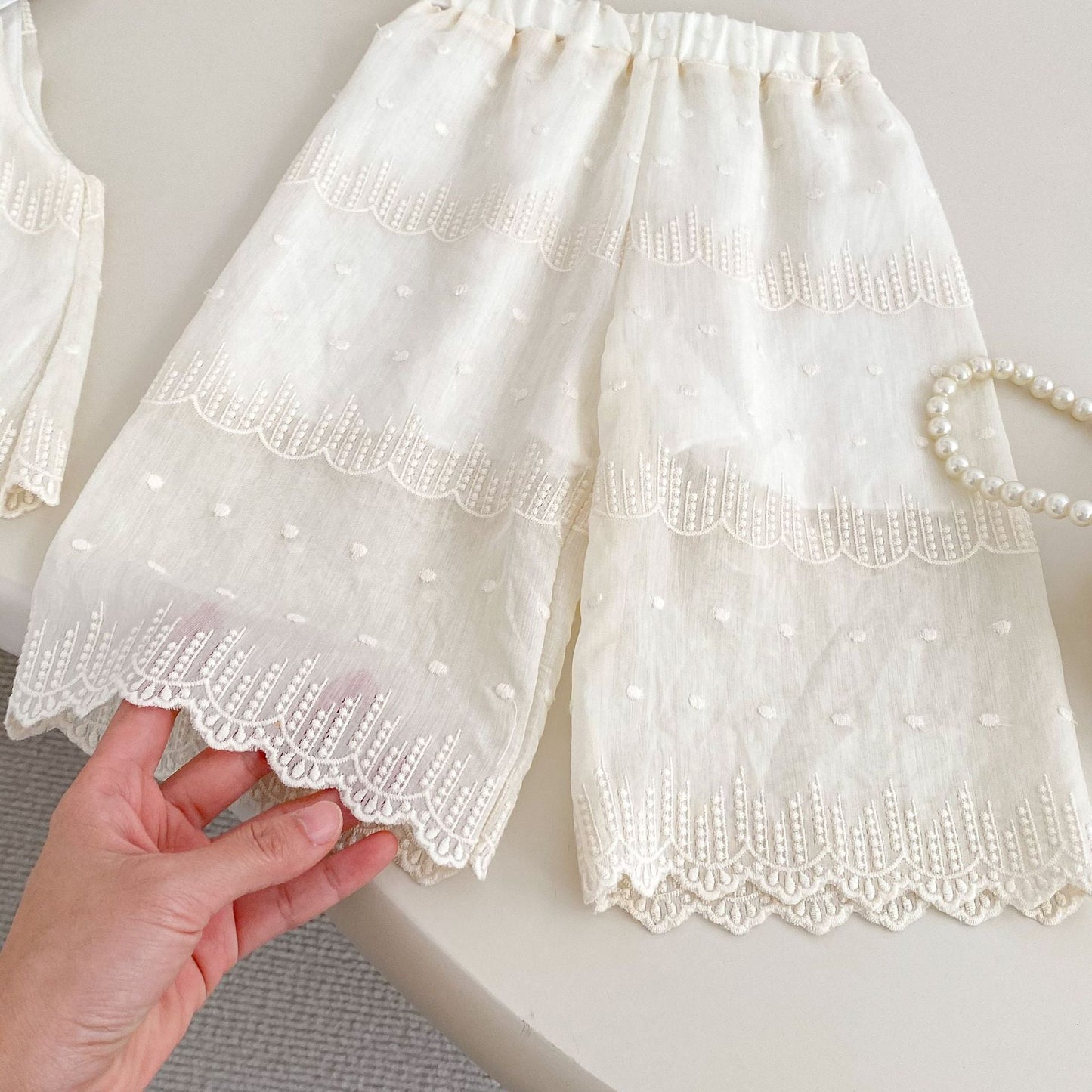 Summer Baby Kids Solid Color Sleeveless Dots Embroidery Pattern Top Dress and Pants Clothing Set for Girls