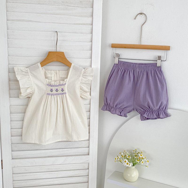 Summer Baby Kids Flowers Pattern Fly Sleeves Top and Plain Shorts Clothing Set for Girls