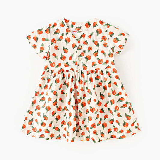 Summer Arrival Baby Girls Elegant Floral Pattern Short Sleeves V Neck Dress