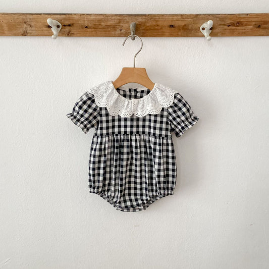 Summer Girls Simple Plaid Pattern Short Sleeves Onesies and Girls’ Dress – Princess Sister Matching