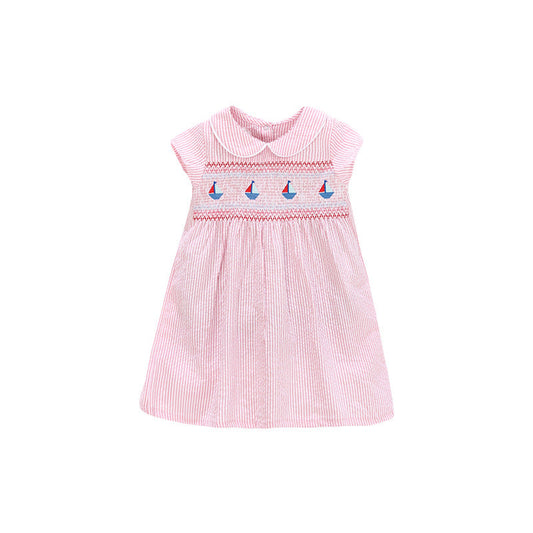 Summer Baby Girls Sleeveless Sailboat Pattern Striped Dress