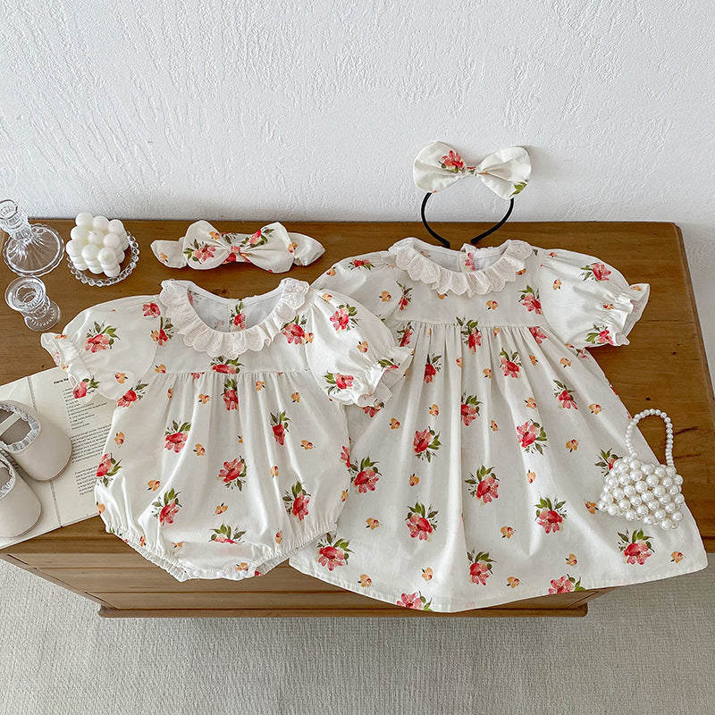 Summer Girls Flowers Pattern Short Sleeves Hollow Out Ruffle Collar Onesies And Dress – Sister Matching Clothing Set