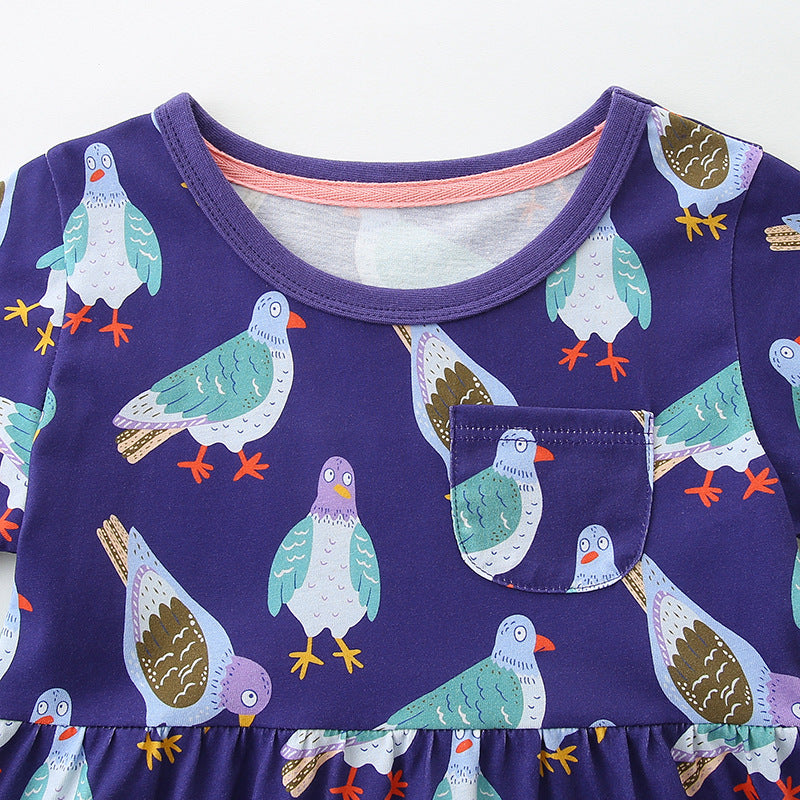 Summer Pure Cotton Animals Birds Pattern Short Sleeves Dress for Stylish Girls