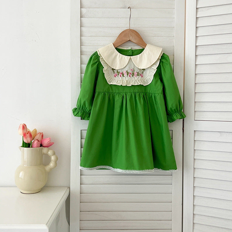 Arrival Autumn Baby Kids Girls Long Sleeves Peter Pan Collar Embroidery Flowers Pattern Onesies and Dress โ Princess Sister Matching Set