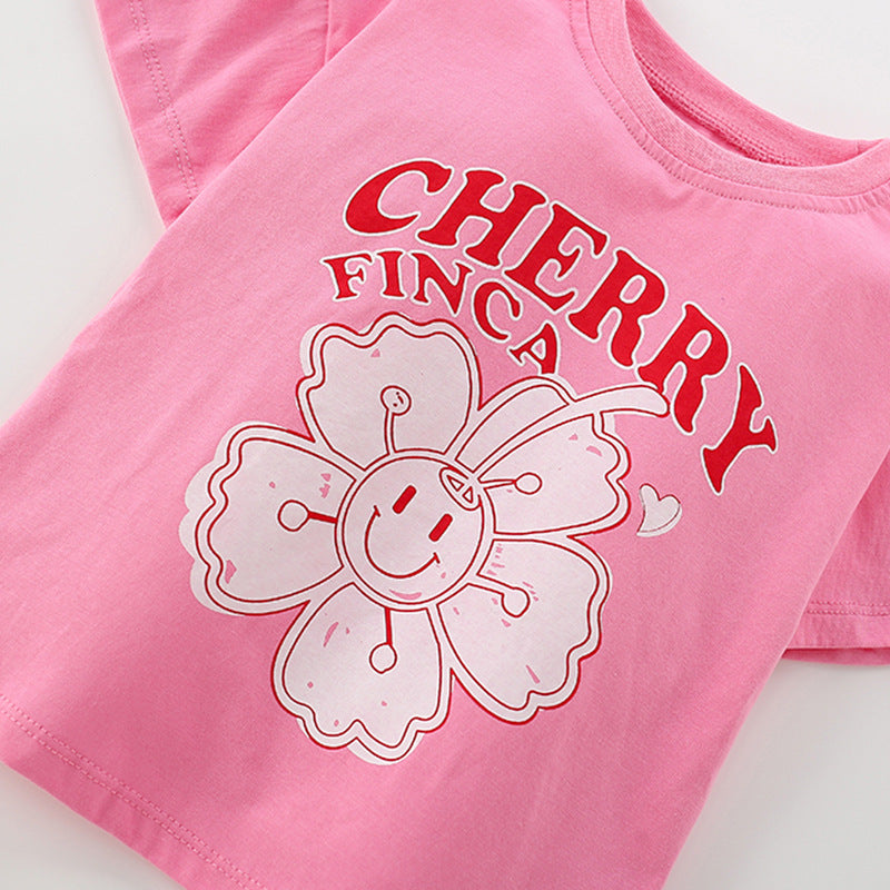 Summer Baby Kids Flowers and Letters Pattern T-shirt and Skirt Clothing Set for Girls
