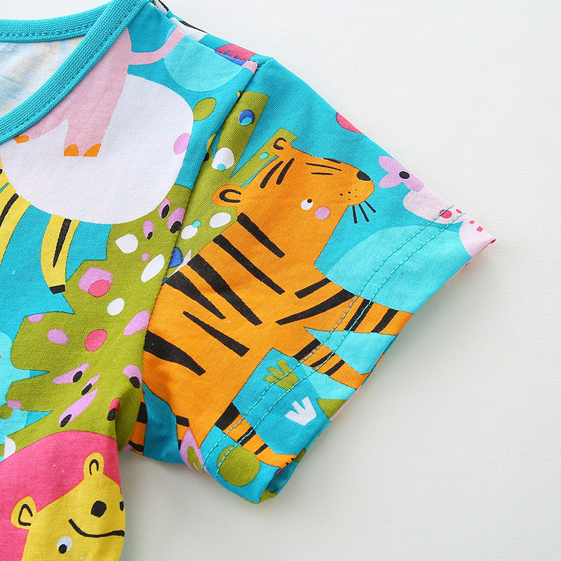 Summer Pure Cotton Cartoon Jungle Animals Pattern Short Sleeves Dress for Stylish Girls