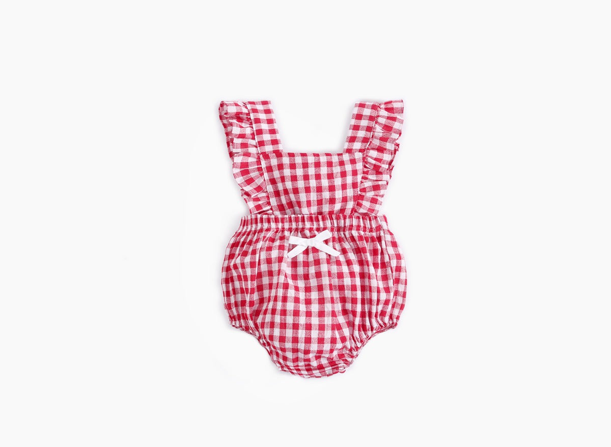 Baby Girl Doll Neck Solid Shirt & Red Plaid Graphic Bow Patched Bodysuit One Pieces Sets