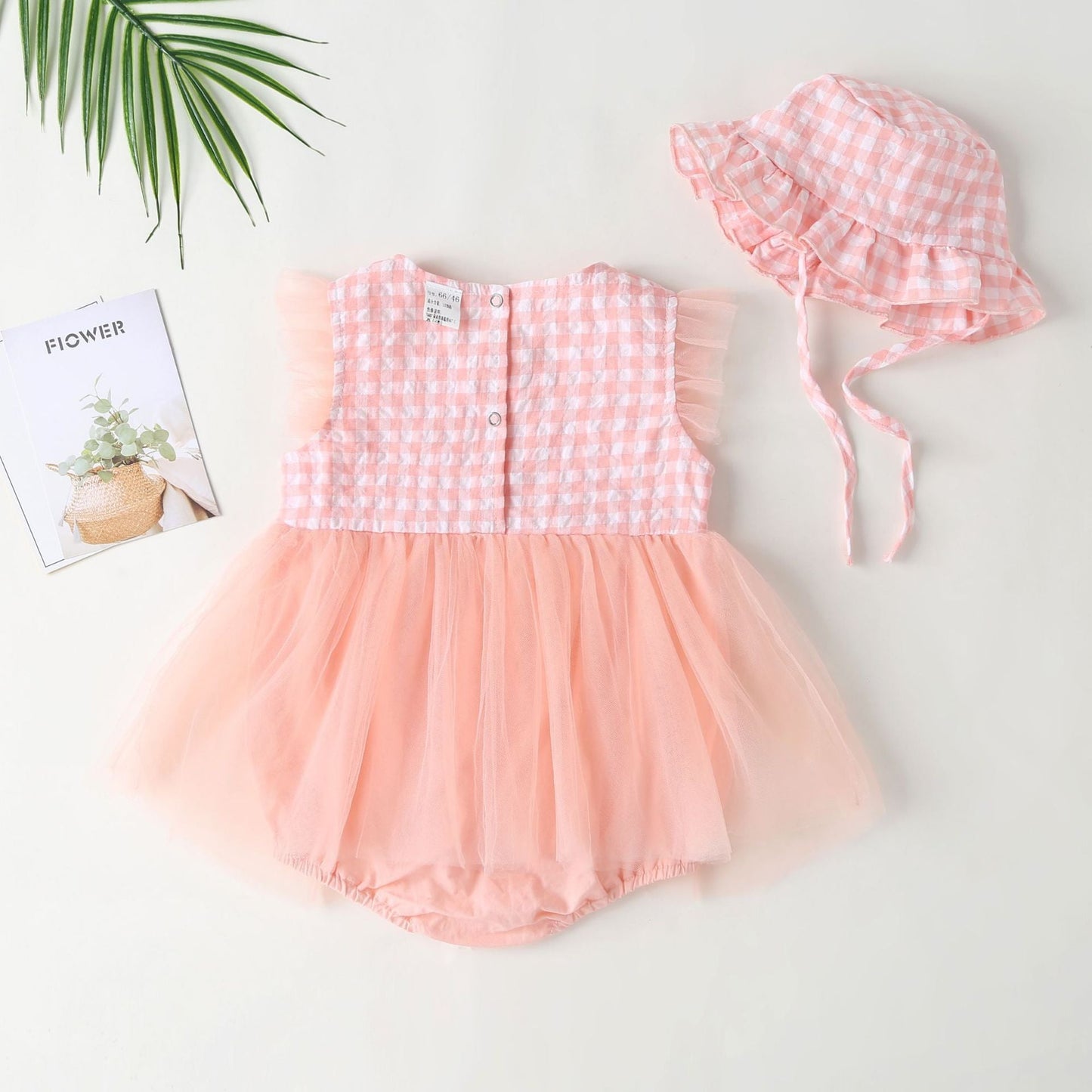 Baby Girl Plaid Graphic Strawberry Embroidery Mesh Overlay Floral Neck Dress