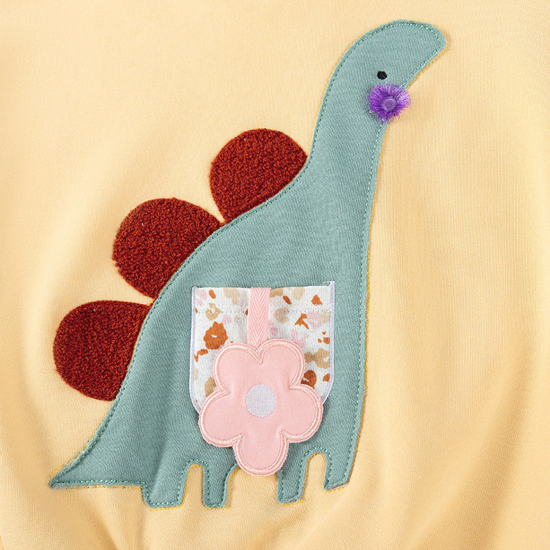 Winter and Autumn Girls Dinosaurs Cartoon Pattern Long Sleeves Sweatshirt and White Pants Clothing Set