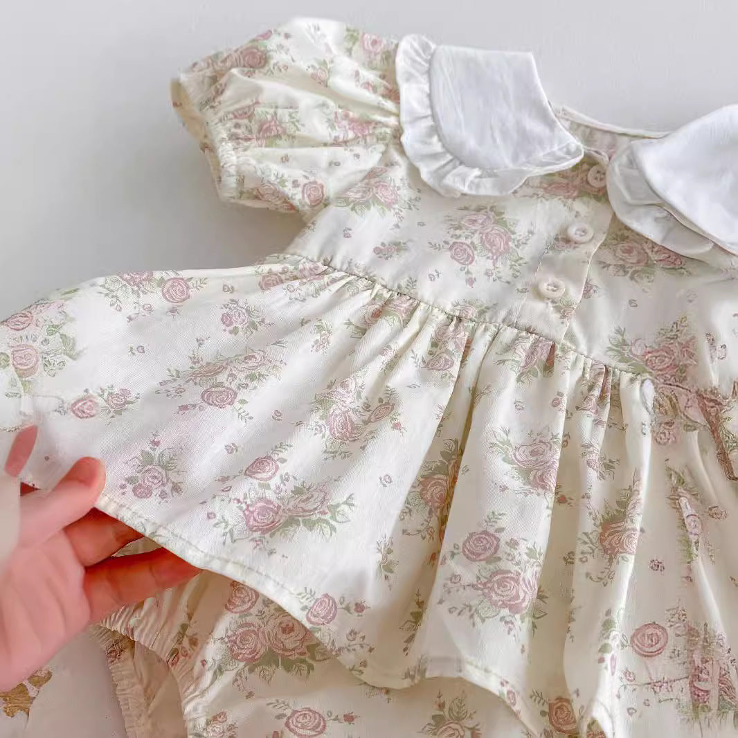 Summer Arrival Baby Girls Short Sleeves Flowers Pattern Peter Pan Collar Onesies Dress
